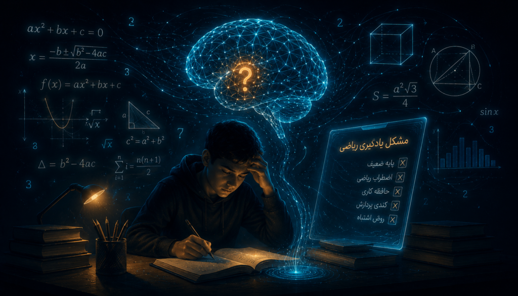 تصویر مفهومی مشکل یادگیری ریاضی در مرکز نوروتراپی رستاک با نمایش دانش‌آموز، مغز نورانی، فرمول‌های ریاضی، اضطراب ریاضی و پردازش عددی