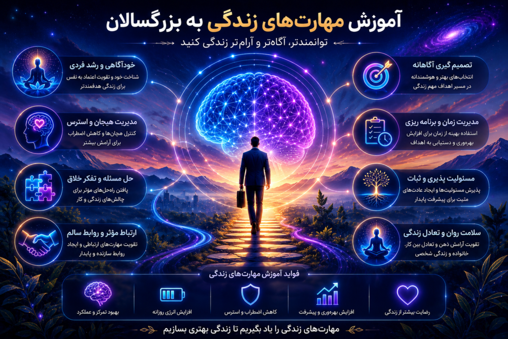 تصویر انتزاعی آموزش مهارت های زندگی به بزرگسالان شامل خودآگاهی، مدیریت هیجان، تصمیم گیری، مسئولیت پذیری، ارتباط موثر و برنامه ریزی با پس زمینه کهکشانی و شبکه‌های نورانی مغز