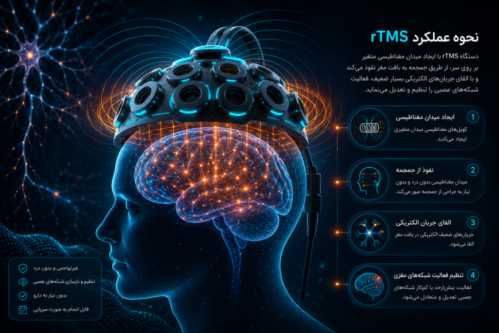 نحوه عملکرد تحریک مغناطیسی مغز rTMS روی شبکه‌های عصبی مغز