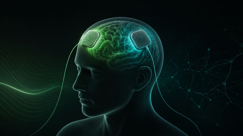 تصویر علمی تحریک الکتریکی مغز tDCS با الکترودهای مغزی و تم سبز رستاک